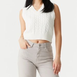 Cropped Cable Knit Vest LOT V Neck Sweater Vintage Y2K Retro XL White Green Crop